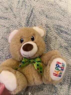 Plush Tan Teddy Bear with Green Polka Dot Bow - Happy Birthday Design